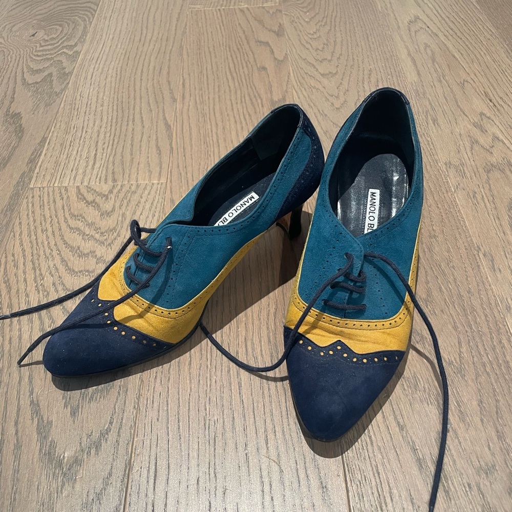 Manolo Blahnik Blue and Yellow Heels with Vintage Charm
